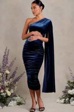 Gianna | Navy Velvet Maternity One Shoulder Cape Bodycon Midi Dress