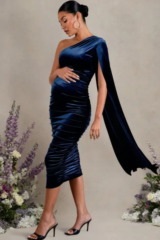 Gianna | Navy Velvet Maternity One Shoulder Cape Bodycon Midi Dress
