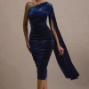 Gianna | Navy Velvet One Shoulder Cape Bodycon Midi Dress