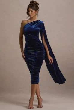 Gianna | Navy Velvet One Shoulder Cape Bodycon Midi Dress
