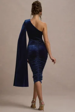 Gianna | Navy Velvet One Shoulder Cape Bodycon Midi Dress