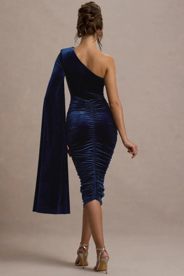 Gianna | Navy Velvet One Shoulder Cape Bodycon Midi Dress