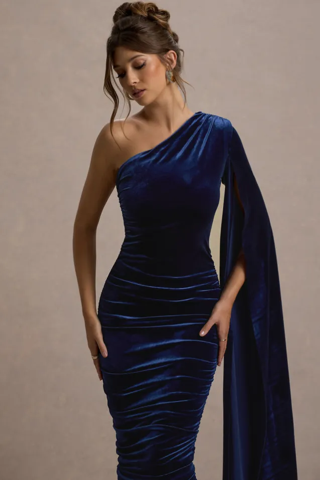 Gianna | Navy Velvet One Shoulder Cape Bodycon Midi Dress
