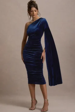 Gianna | Navy Velvet One Shoulder Cape Bodycon Midi Dress
