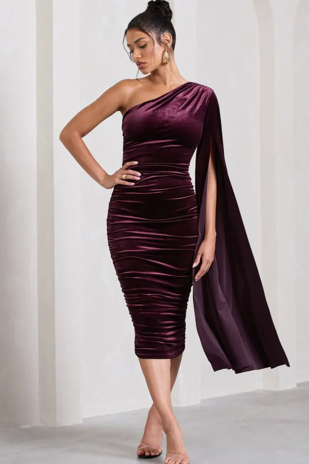 Gianna | Port Velvet One Shoulder Cape Bodycon Midi Dress