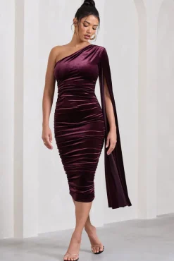 Gianna | Port Velvet One Shoulder Cape Bodycon Midi Dress