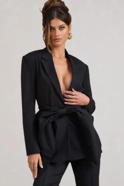 Gifted | Black Plunge Blazer With Statement Bow