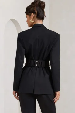 Gifted | Black Plunge Blazer With Statement Bow