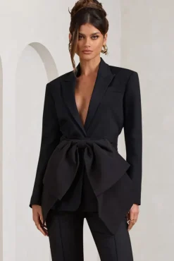 Gifted | Black Plunge Blazer With Statement Bow