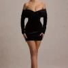 Gilda | Black Velvet Bardot Long-Sleeve Mini Dress