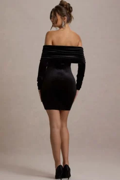 Gilda | Black Velvet Bardot Long-Sleeve Mini Dress
