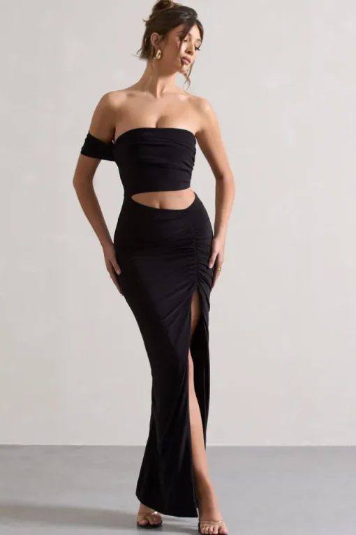 Gilded | Black One-Sleeved Cut-Out Split Maxi Dress