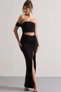 Gilded | Black One-Sleeved Cut-Out Split Maxi Dress