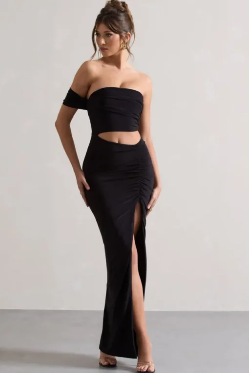 Gilded | Black One-Sleeved Cut-Out Split Maxi Dress