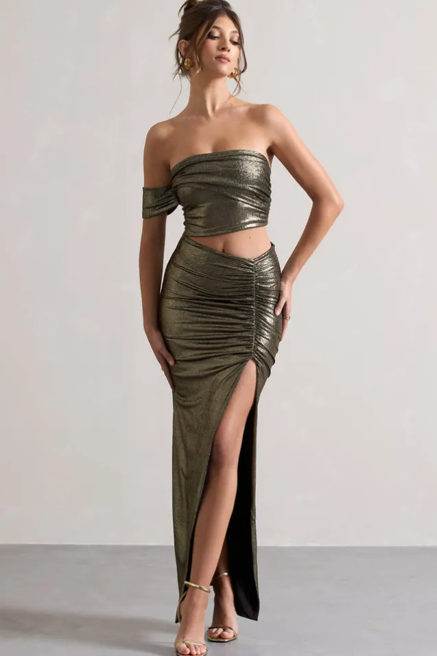Gilded | Gold Metallic One-Sleeved Cut-Out Split Maxi Dress