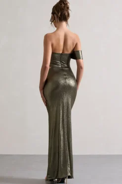 Gilded | Gold Metallic One-Sleeved Cut-Out Split Maxi Dress