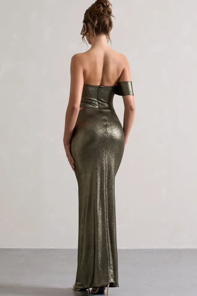 Gilded | Gold Metallic One-Sleeved Cut-Out Split Maxi Dress