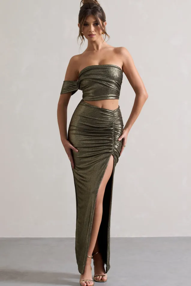 Gilded | Gold Metallic One-Sleeved Cut-Out Split Maxi Dress