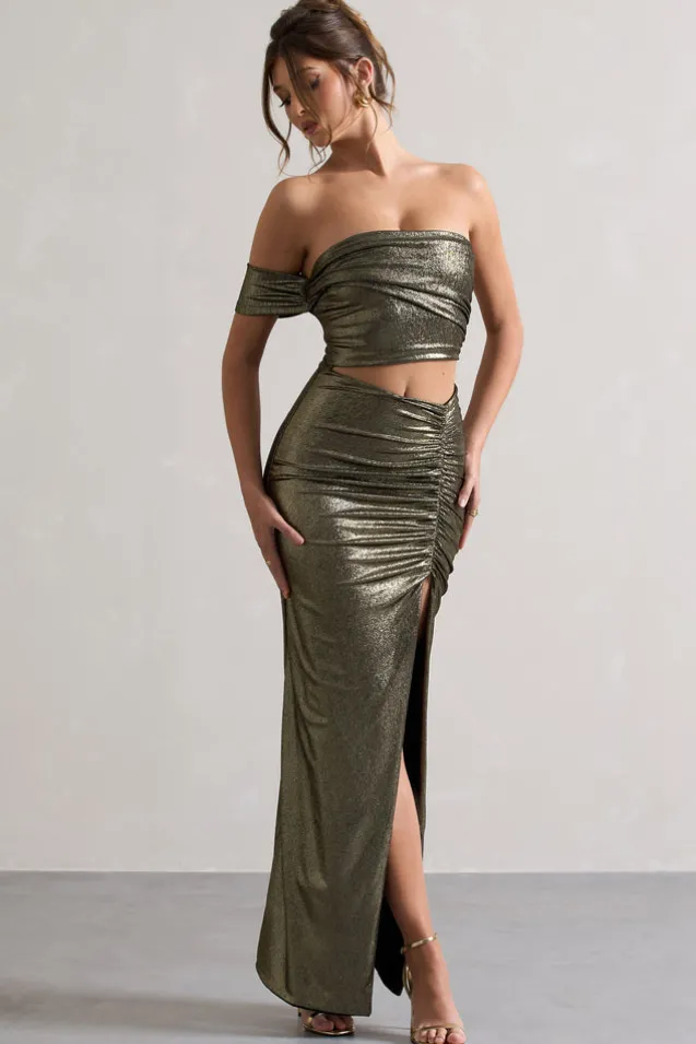 Gilded | Gold Metallic One-Sleeved Cut-Out Split Maxi Dress