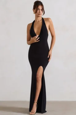Glamour | Black Backless V Plunge Halter Neck Maxi Dress With Side Split