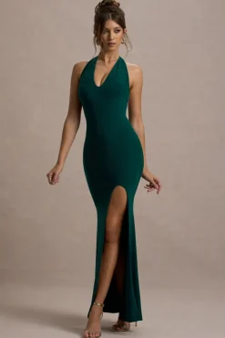 Glamour | Bottle Green Backless V Plunge Halter Neck Maxi Dress With Side Split