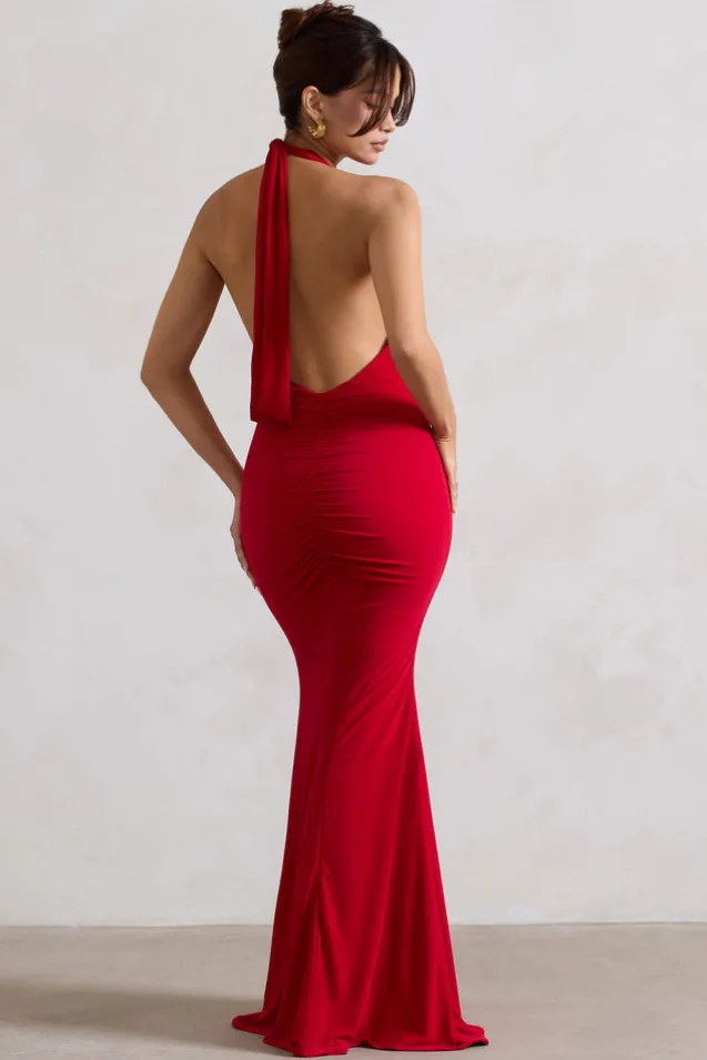 Glamour | Red Backless V Plunge Halter Neck Maxi Dress With Side Split