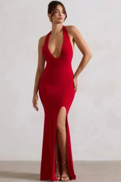 Glamour | Red Backless V Plunge Halter Neck Maxi Dress With Side Split