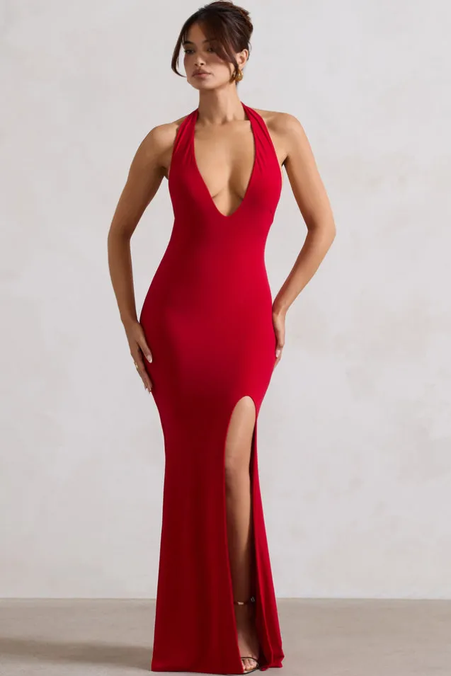 Glamour | Red Backless V Plunge Halter Neck Maxi Dress With Side Split