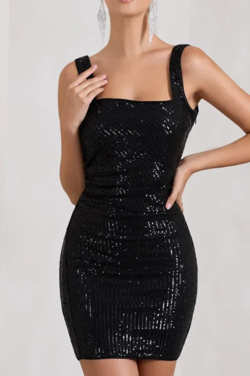 Glimmer | Black Sequin Open-Back Bodycon Mini Dress