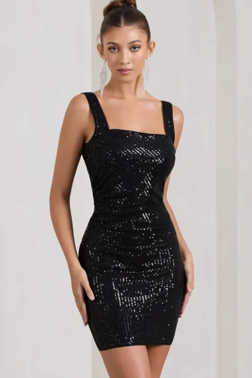 Glimmer | Black Sequin Open-Back Bodycon Mini Dress