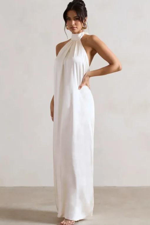 Gloriana | Cream Satin High-Neck Maxi Dress