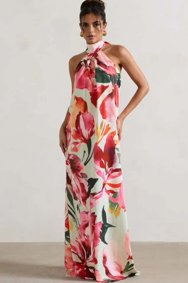 Gloriana | Mint Floral Print Satin High-Neck Maxi Dress