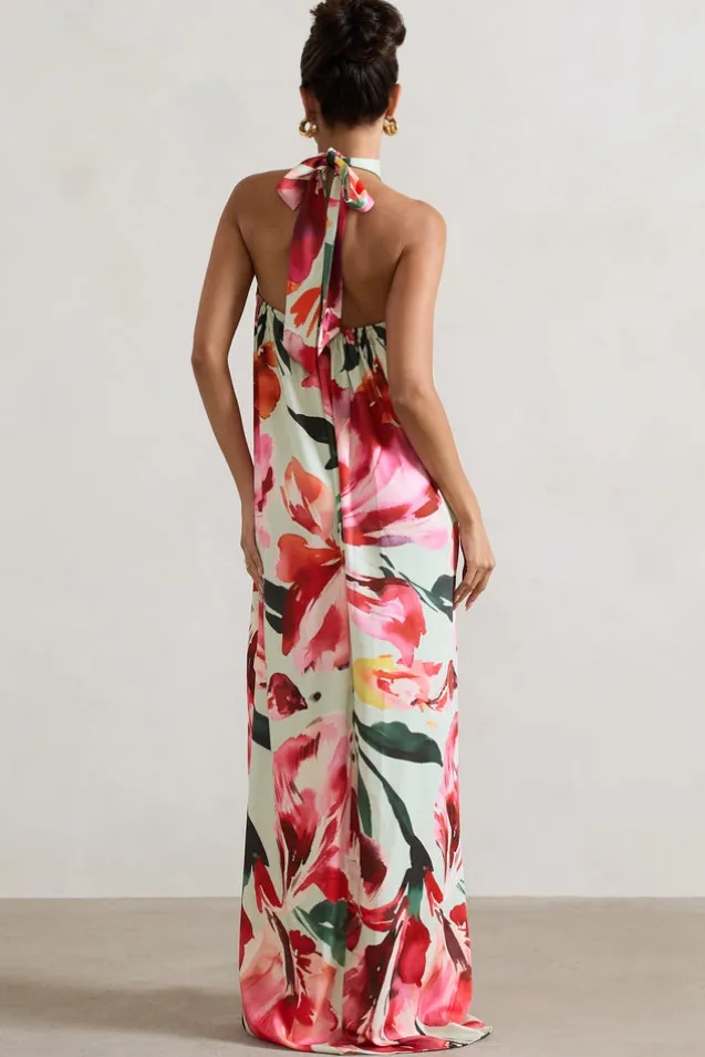 Gloriana | Mint Floral Print Satin High-Neck Maxi Dress