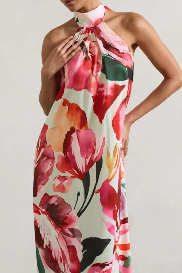 Gloriana | Mint Floral Print Satin High-Neck Maxi Dress