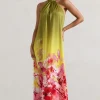 Gloriana | Pink and Green Floral Print Satin High-Neck Maxi Dress