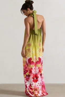 Gloriana | Pink and Green Floral Print Satin High-Neck Maxi Dress