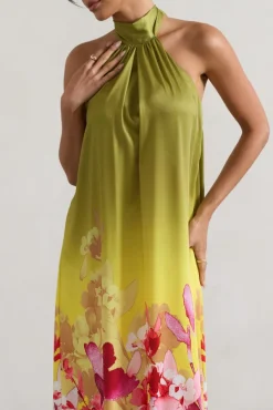 Gloriana | Pink and Green Floral Print Satin High-Neck Maxi Dress