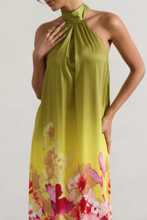 Gloriana | Pink and Green Floral Print Satin High-Neck Maxi Dress
