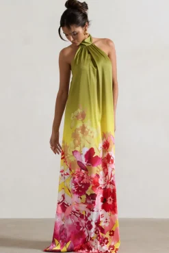 Gloriana | Pink and Green Floral Print Satin High-Neck Maxi Dress