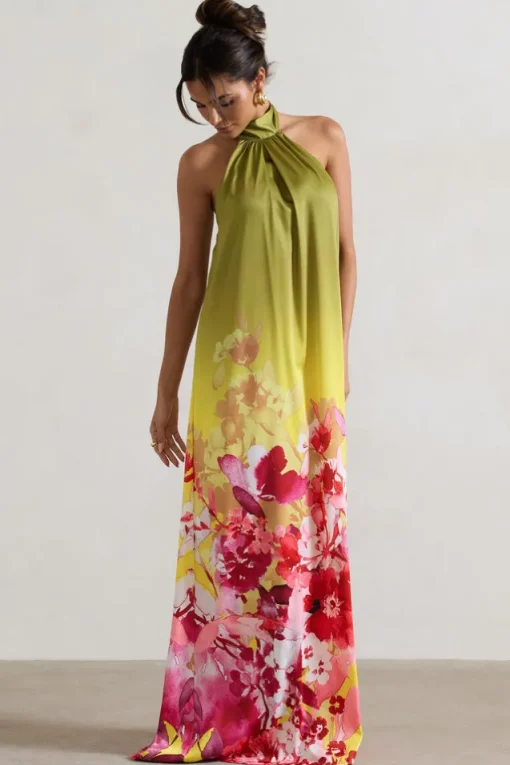 Gloriana | Pink and Green Floral Print Satin High-Neck Maxi Dress