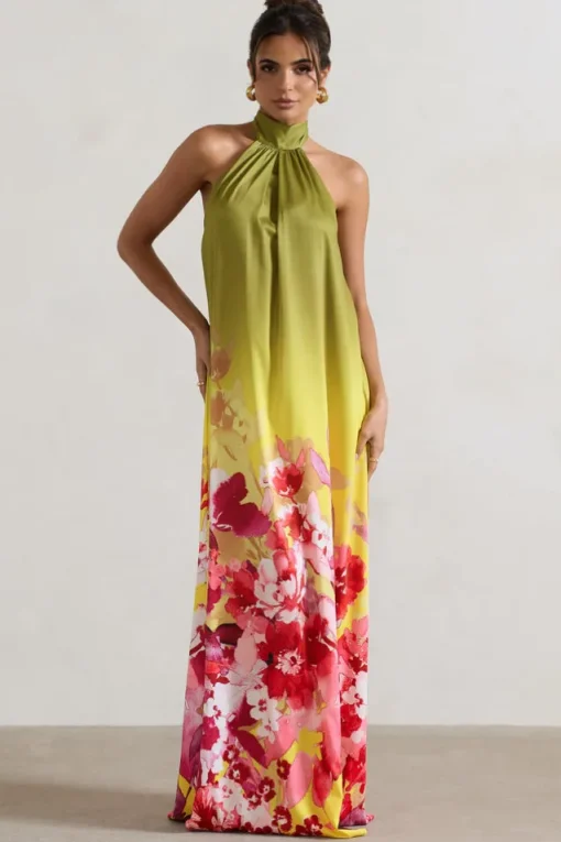 Gloriana | Pink and Green Floral Print Satin High-Neck Maxi Dress