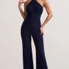 Goddess | Navy Halter Neck Flare Jumpsuit