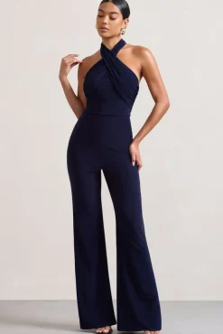 Goddess | Navy Halter Neck Flare Jumpsuit