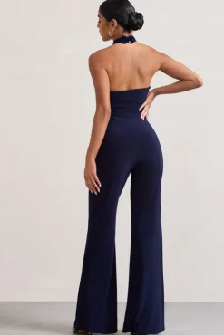 Goddess | Navy Halter Neck Flare Jumpsuit