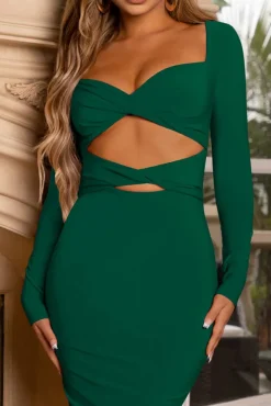 Going Places | Bottle Green Double Twist Front Long Sleeve Midi Dress