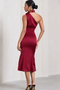 Golden Girl | Burgundy Satin One Shoulder High-Neck Flared Midi Dress