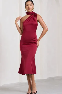 Golden Girl | Burgundy Satin One Shoulder High-Neck Flared Midi Dress