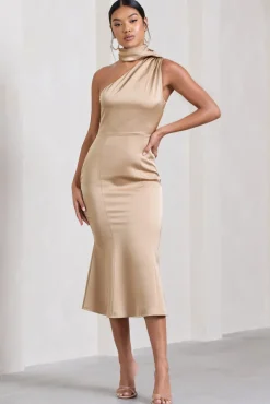 Golden Girl | Champagne Satin One Shoulder High-Neck Flared Midi Dress