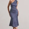 Golden Girl | Navy Polka Dot Asymmetric High-Neck Flared Midi Dress