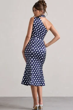 Golden Girl | Navy Polka Dot Asymmetric High-Neck Flared Midi Dress